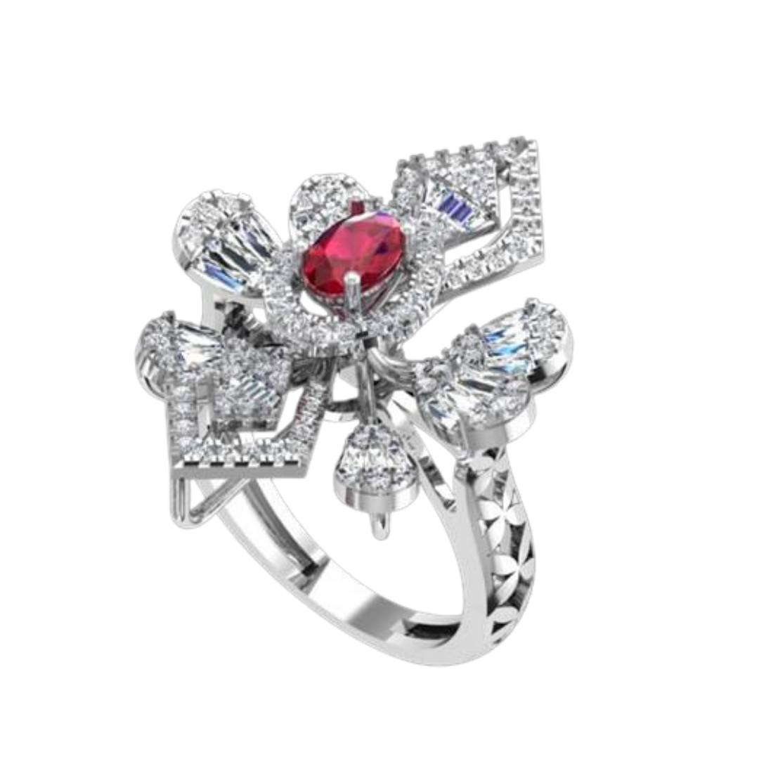 Guru Jewel's Red Stone And C.Z Diamond Studded Fascinating Ring In Silver For Her