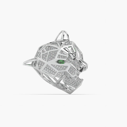 Guru Jewel's Exclusive Panther Style Round Diamond Studded Silver Ring For Him