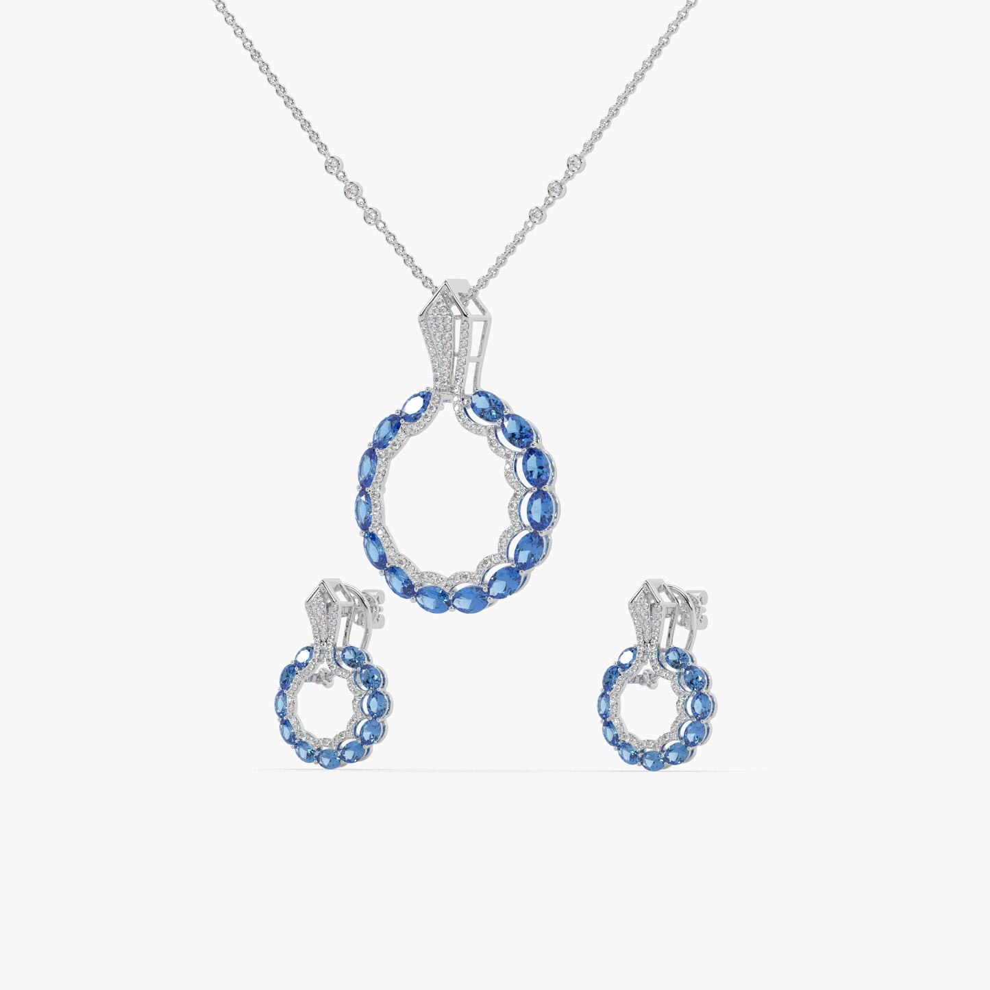 Guru Jewel's Blue Stone And Dimond Studded Silver Pendant Set For Her