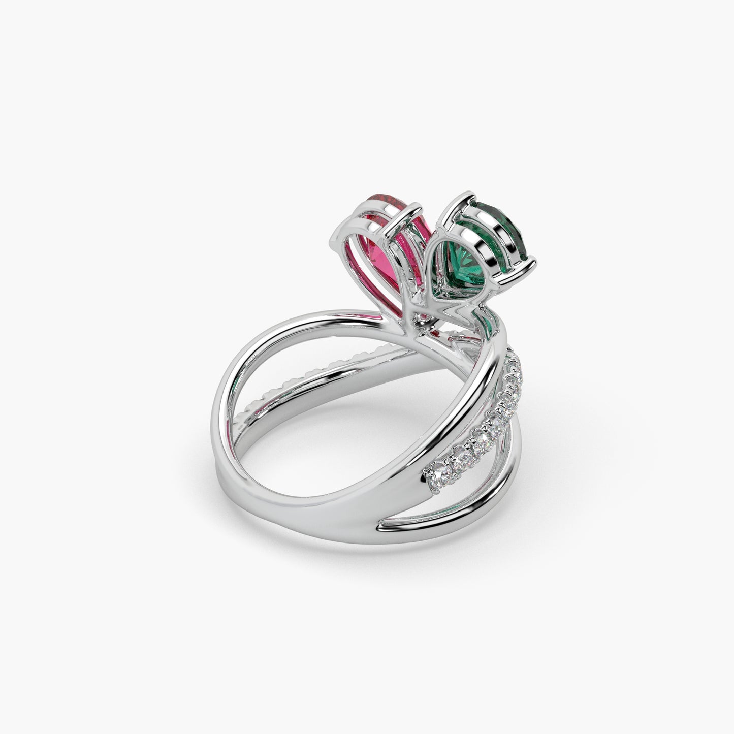 Guru Jewel's Red And Green Stone With Diamond Studded Silver Ring For Her
