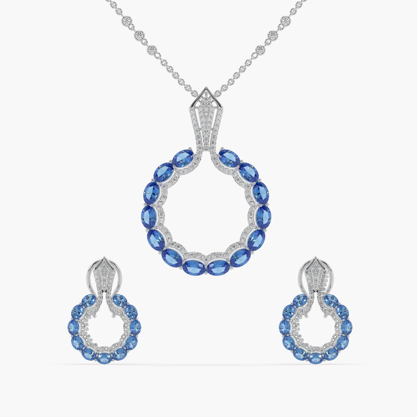 Guru Jewel's Blue Stone And Dimond Studded Silver Pendant Set For Her