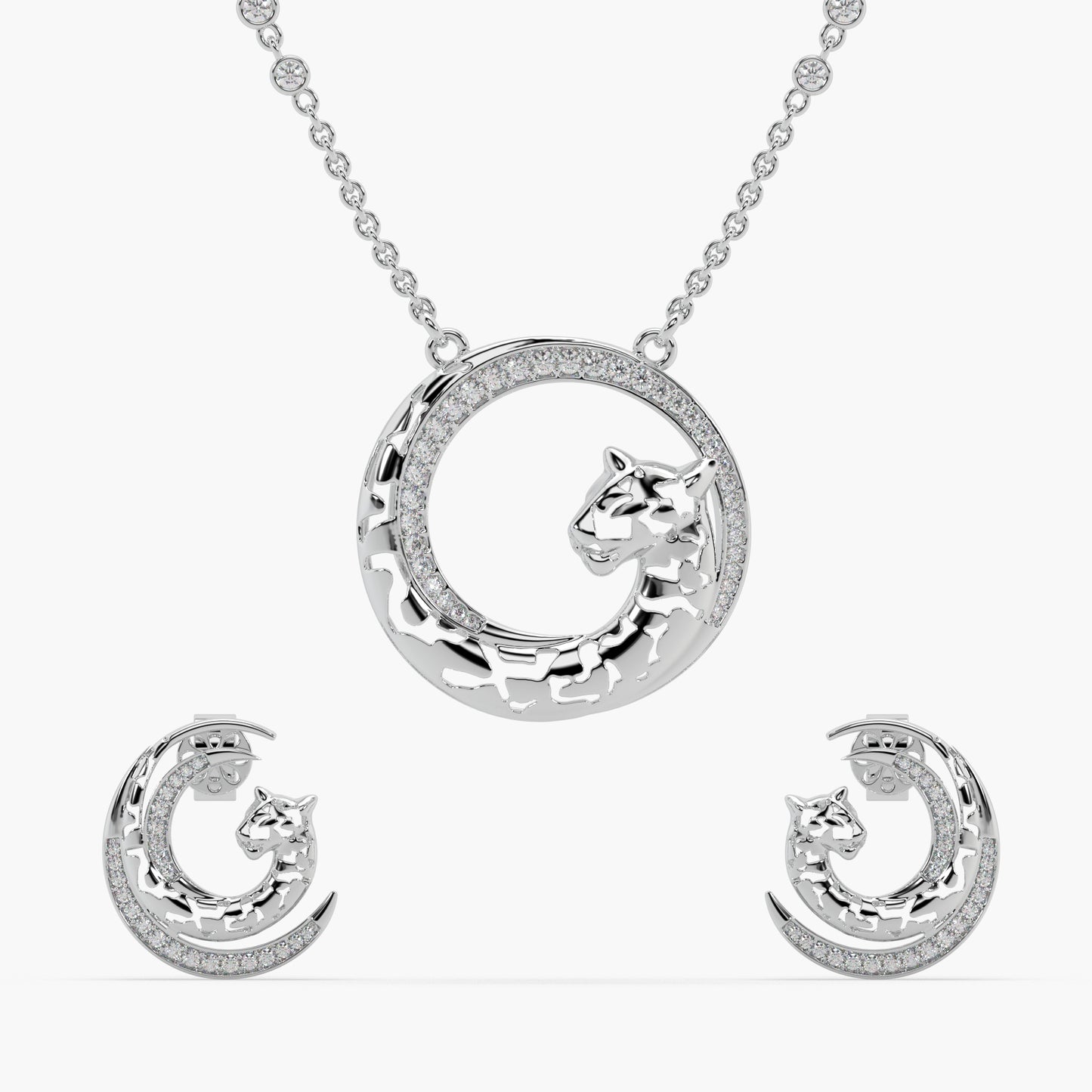 Guru Jewel's Jaguar Design Diamond Studded Silver Pendant Set For Her