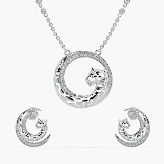 Guru Jewel's Jaguar Design Diamond Studded Silver Pendant Set For Her