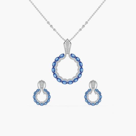 Guru Jewel's Blue Stone And Dimond Studded Silver Pendant Set For Her