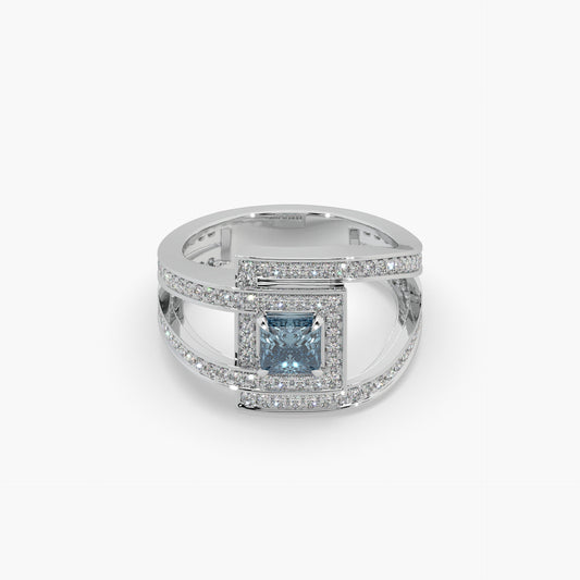 Guru Jewel's Blue Sapphire Cushion And Round Diamond Studded Silver Ring For Her