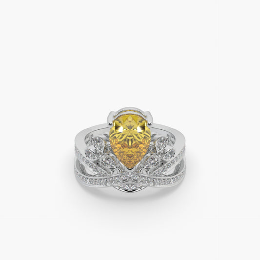 Guru Jewel's Yellow Stone And Diamond Studded Silver Ladies Ring For Her