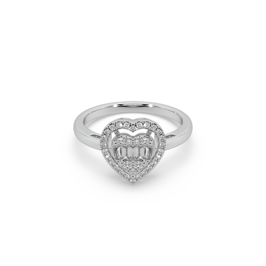 Heart Shape Buguette And Round Cut Diamond 925 Silver Ladies Ring For Her