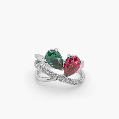 Guru Jewel's Red And Green Stone With Diamond Studded Silver Ring For Her