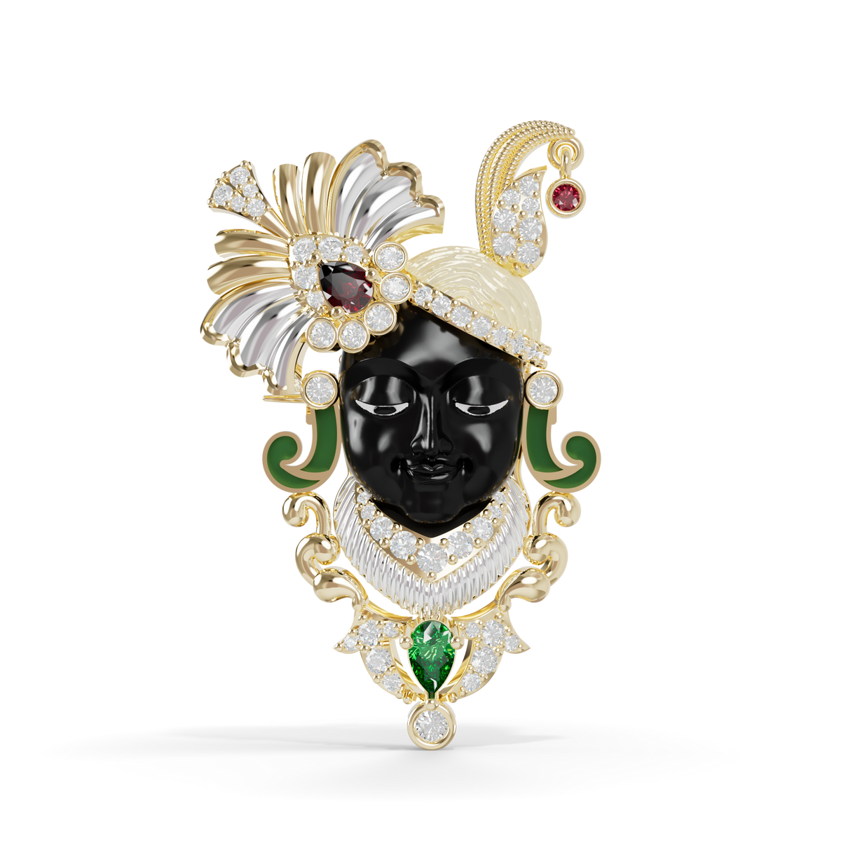 Guru Jewel's Peacock Feather Crown with Sacred Shrinathji Deity Pendant & Brooch for Her