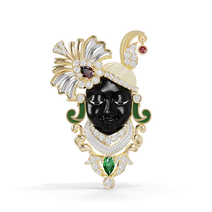 Guru Jewel's Peacock Feather Crown with Sacred Shrinathji Deity Pendant & Brooch for Her