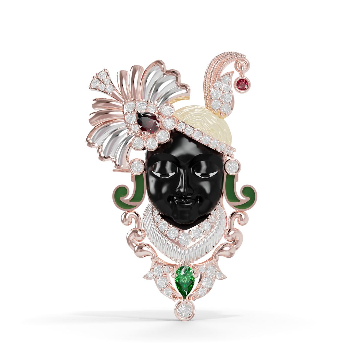 Guru Jewel's Peacock Feather Crown with Sacred Shrinathji Deity Pendant & Brooch for Her