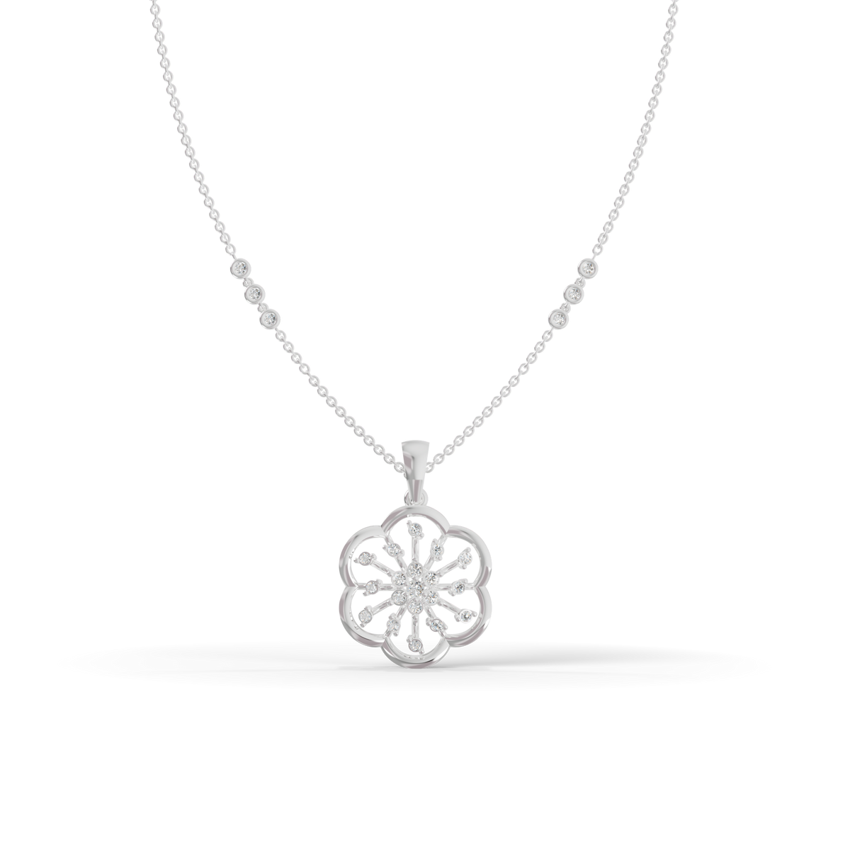 Guru Jewel's Sparkling Stones with Delicate Flower Petal Silver Pendant for Her