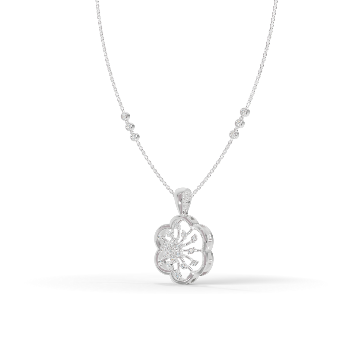 Guru Jewel's Sparkling Stones with Delicate Flower Petal Silver Pendant for Her