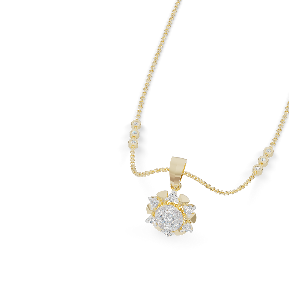 Guru Jewel's Delicate Station Chain Links with Dazzling Crystal Blossom Silver Pendant for Her