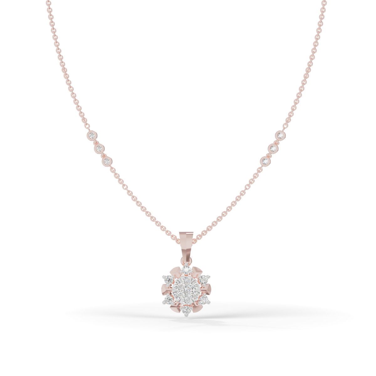 Guru Jewel's Delicate Station Chain Links with Dazzling Crystal Blossom Silver Pendant for Her