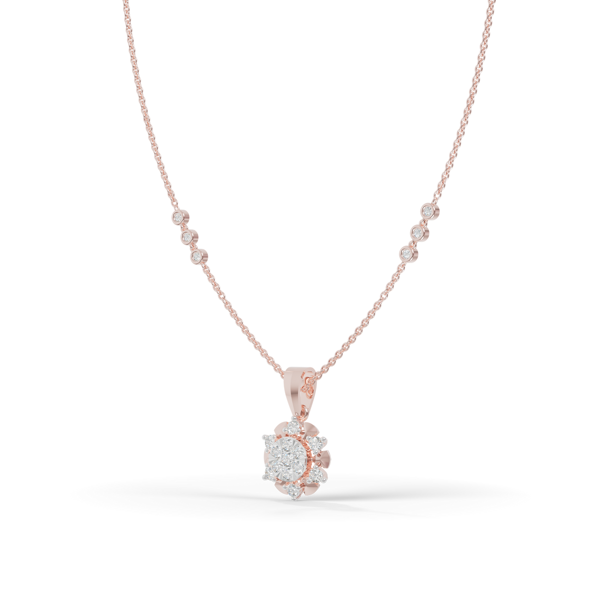 Guru Jewel's Delicate Station Chain Links with Dazzling Crystal Blossom Silver Pendant for Her