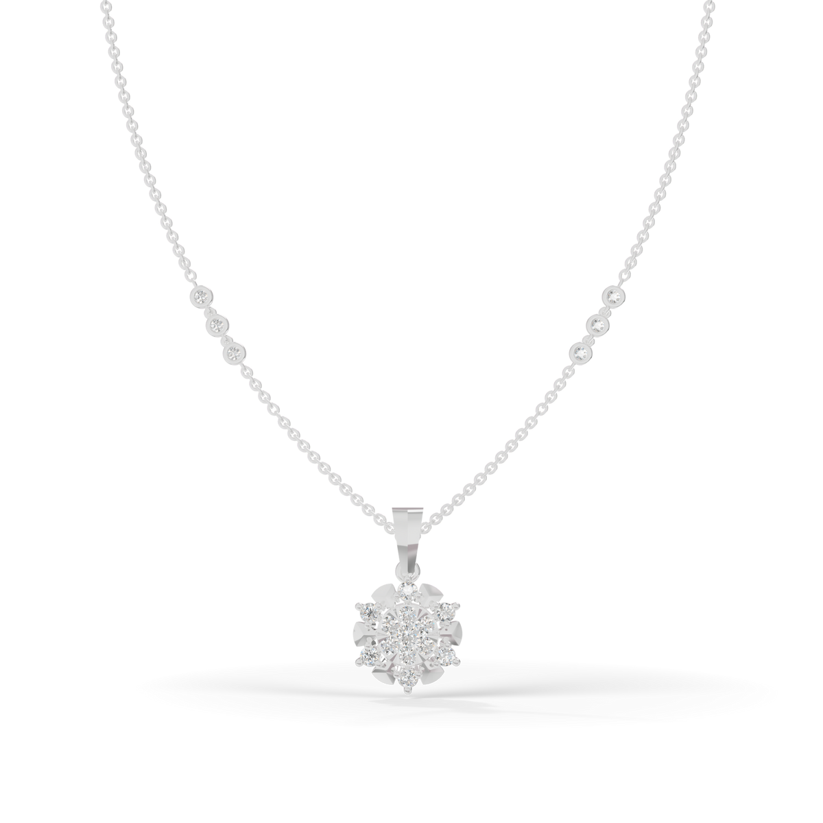 Guru Jewel's Delicate Station Chain Links with Dazzling Crystal Blossom Silver Pendant for Her
