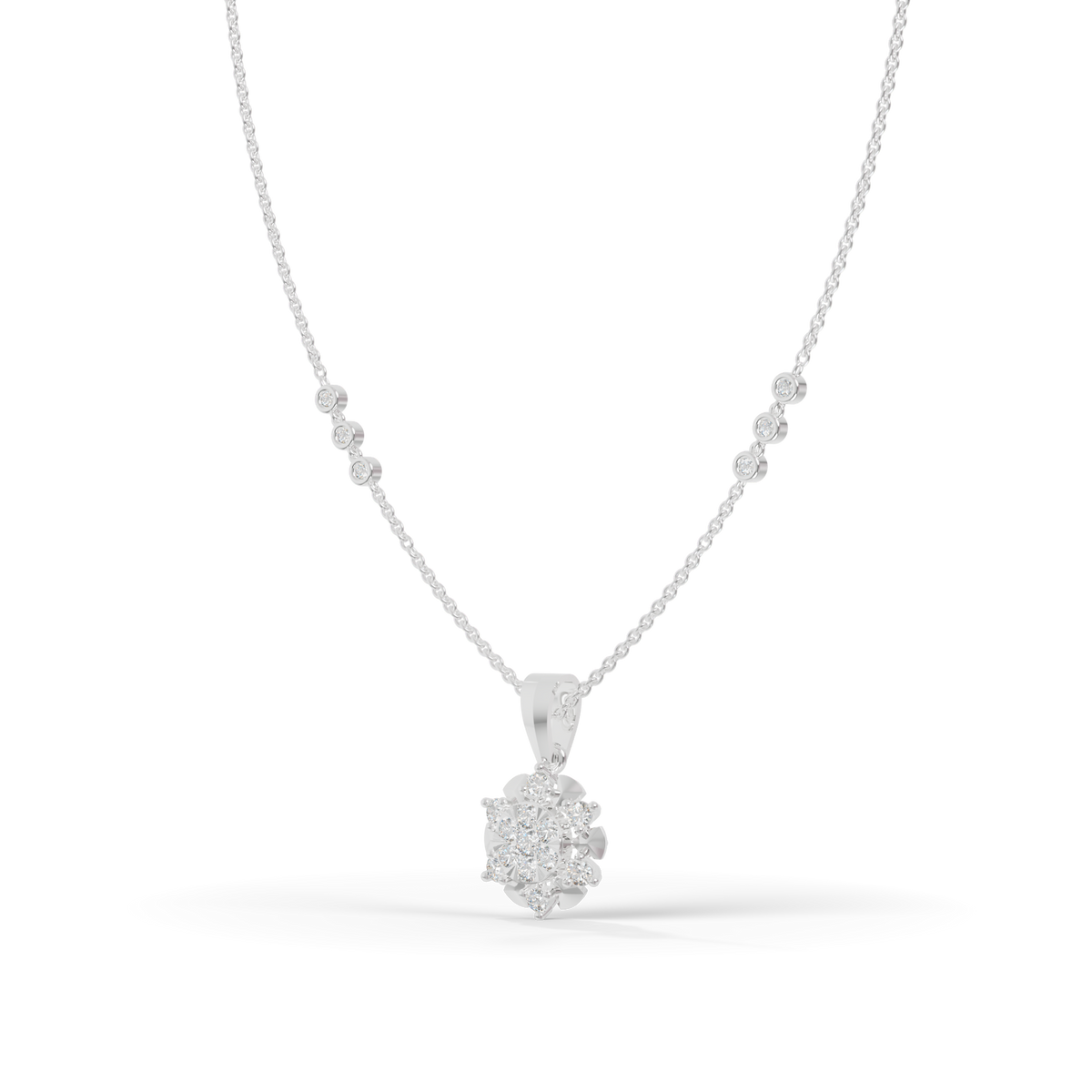 Guru Jewel's Delicate Station Chain Links with Dazzling Crystal Blossom Silver Pendant for Her