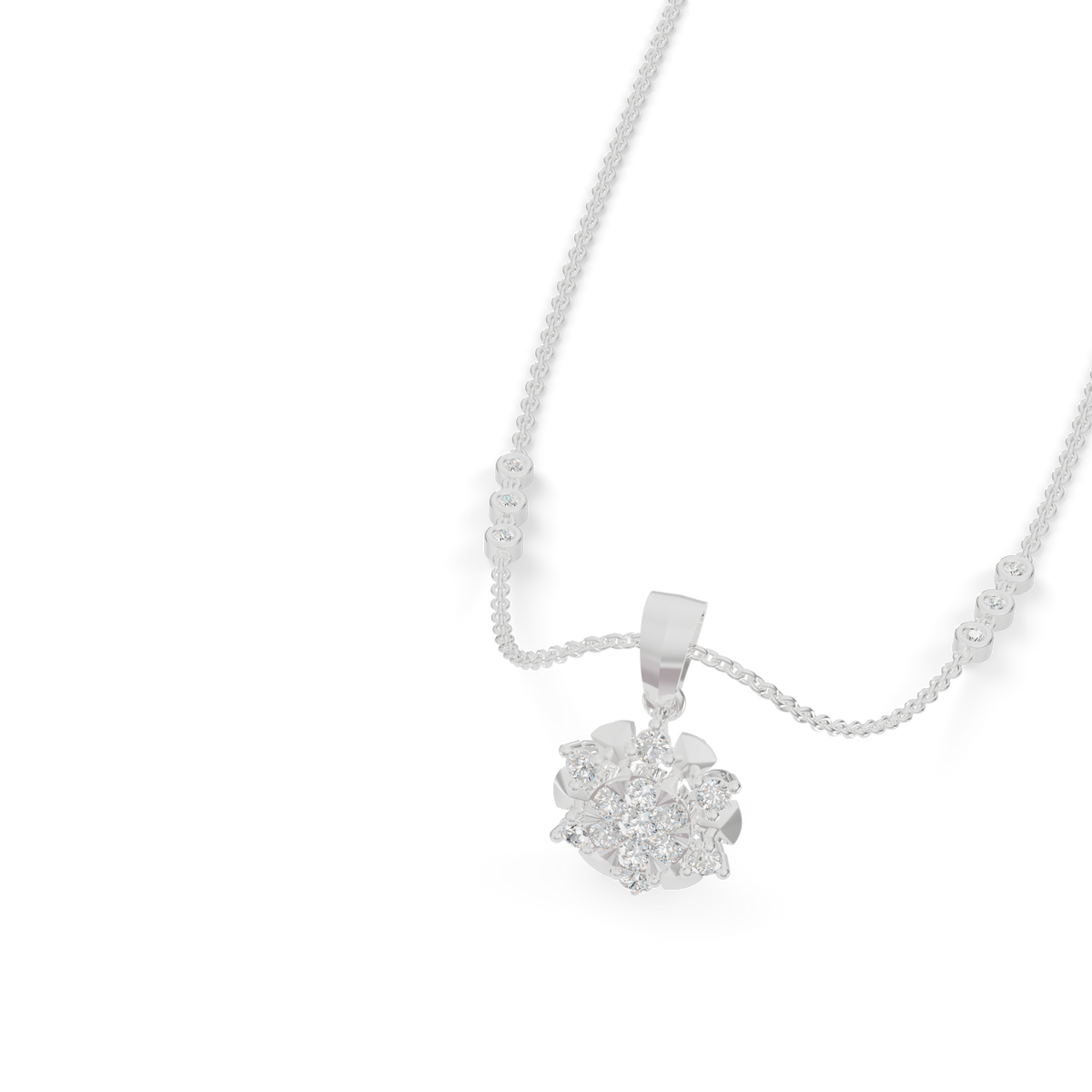 Guru Jewel's Delicate Station Chain Links with Dazzling Crystal Blossom Silver Pendant for Her