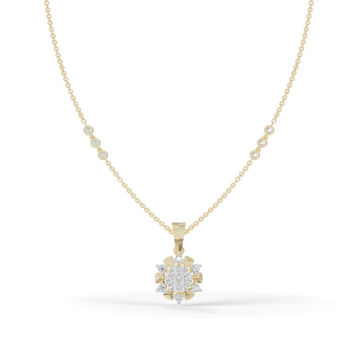 Guru Jewel's Delicate Station Chain Links with Dazzling Crystal Blossom Silver Pendant for Her