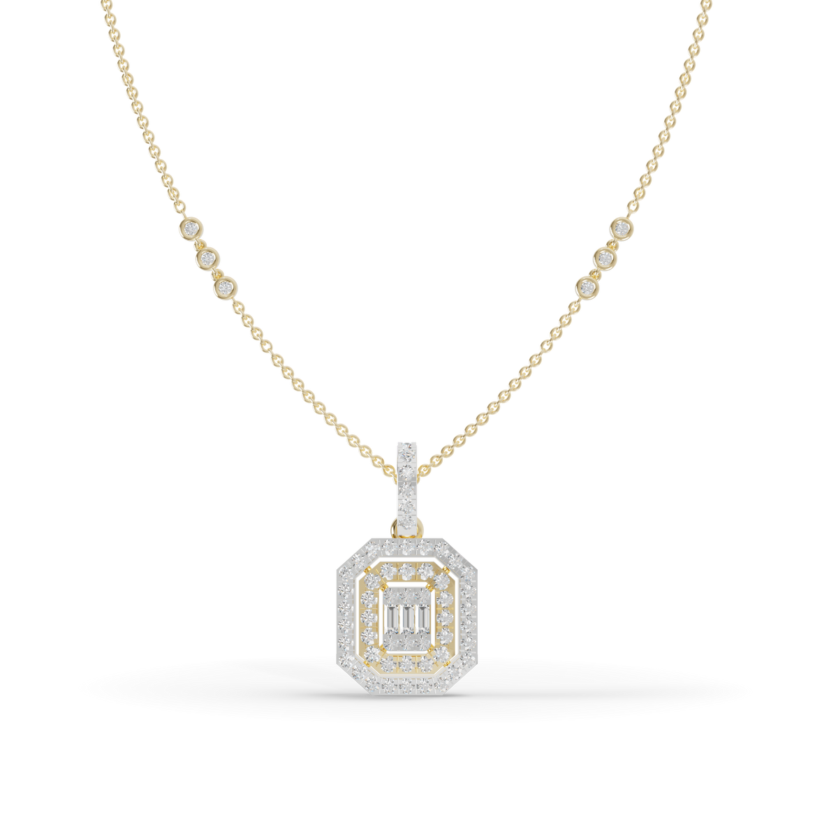 Guru Jewel's Sparkling Baguette and Pavé Accents with Chic Octagonal Geometric Pendant for Her