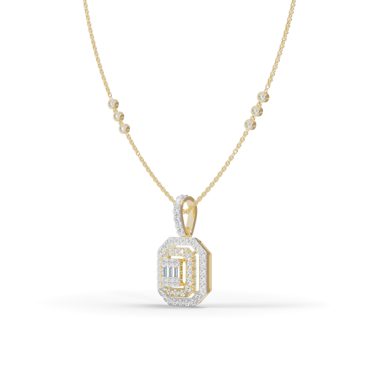 Guru Jewel's Sparkling Baguette and Pavé Accents with Chic Octagonal Geometric Pendant for Her