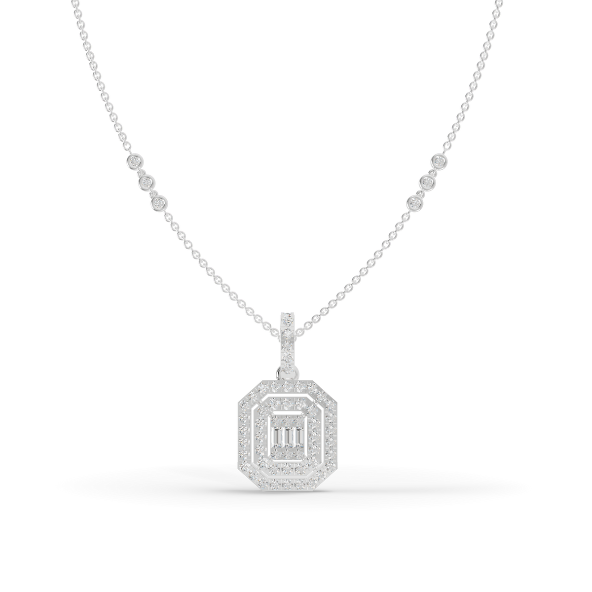 Guru Jewel's Sparkling Baguette and Pavé Accents with Chic Octagonal Geometric Pendant for Her