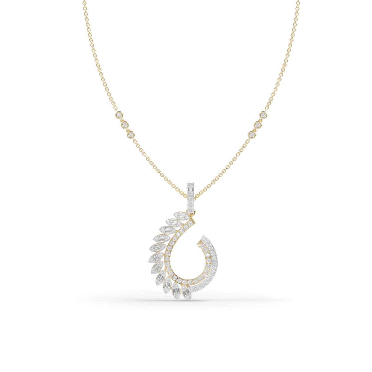 Guru Jewel's Baguette and Pavé Accents with  Chic Leaf-Pattern Pendant for Her