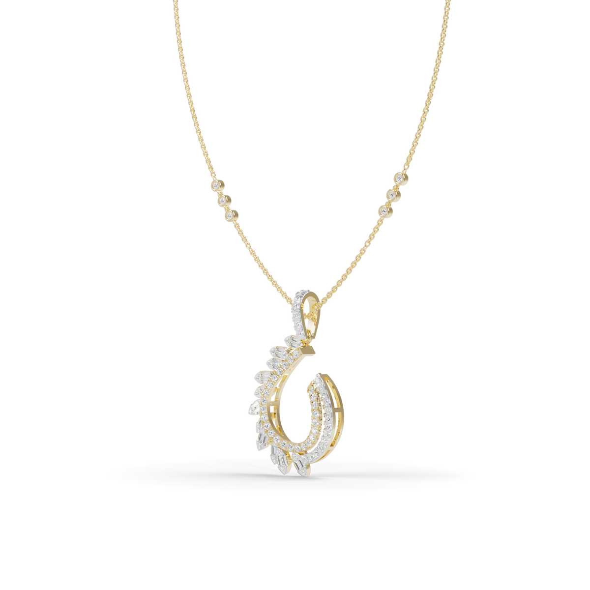 Guru Jewel's Baguette and Pavé Accents with  Chic Leaf-Pattern Pendant for Her