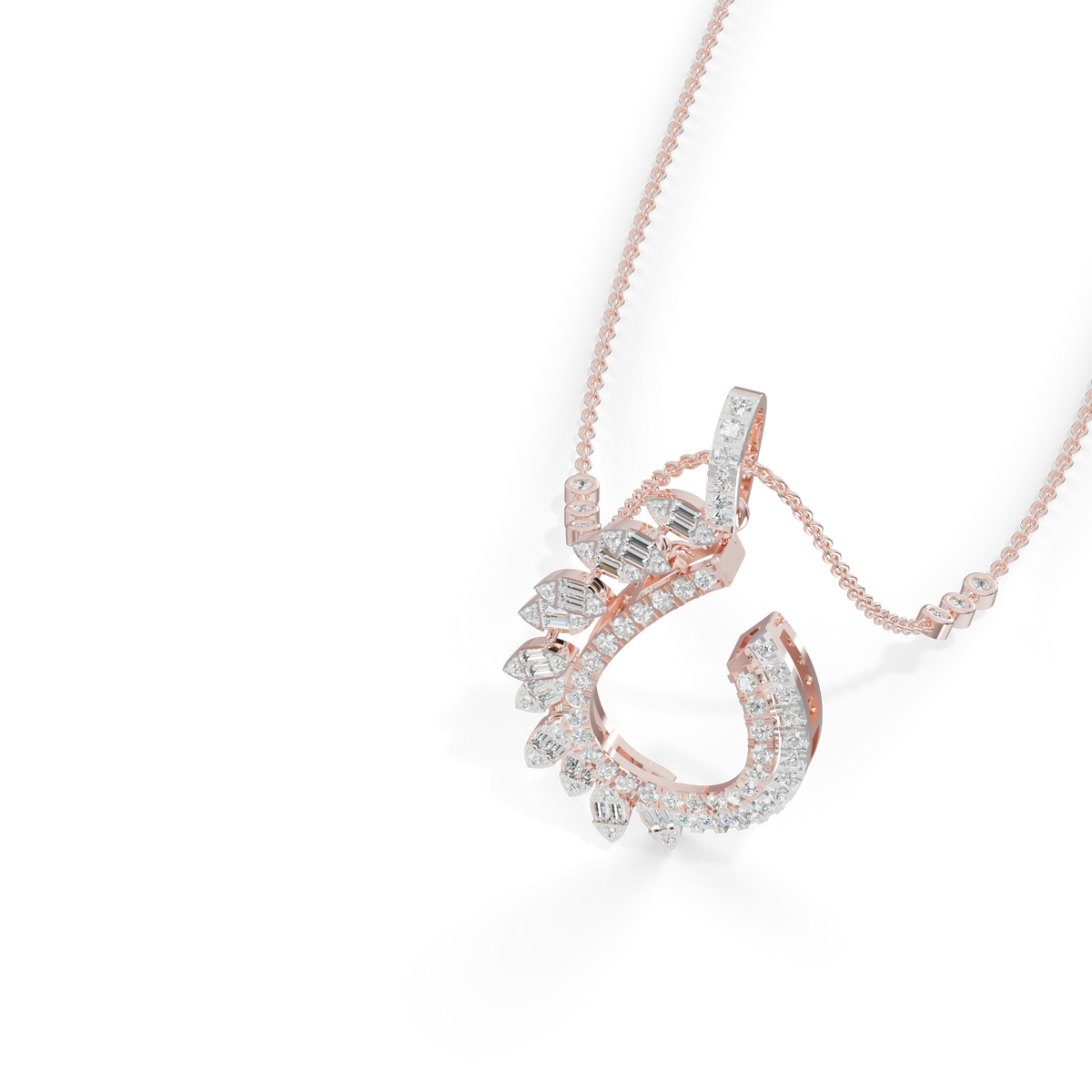 Guru Jewel's Baguette and Pavé Accents with  Chic Leaf-Pattern Pendant for Her