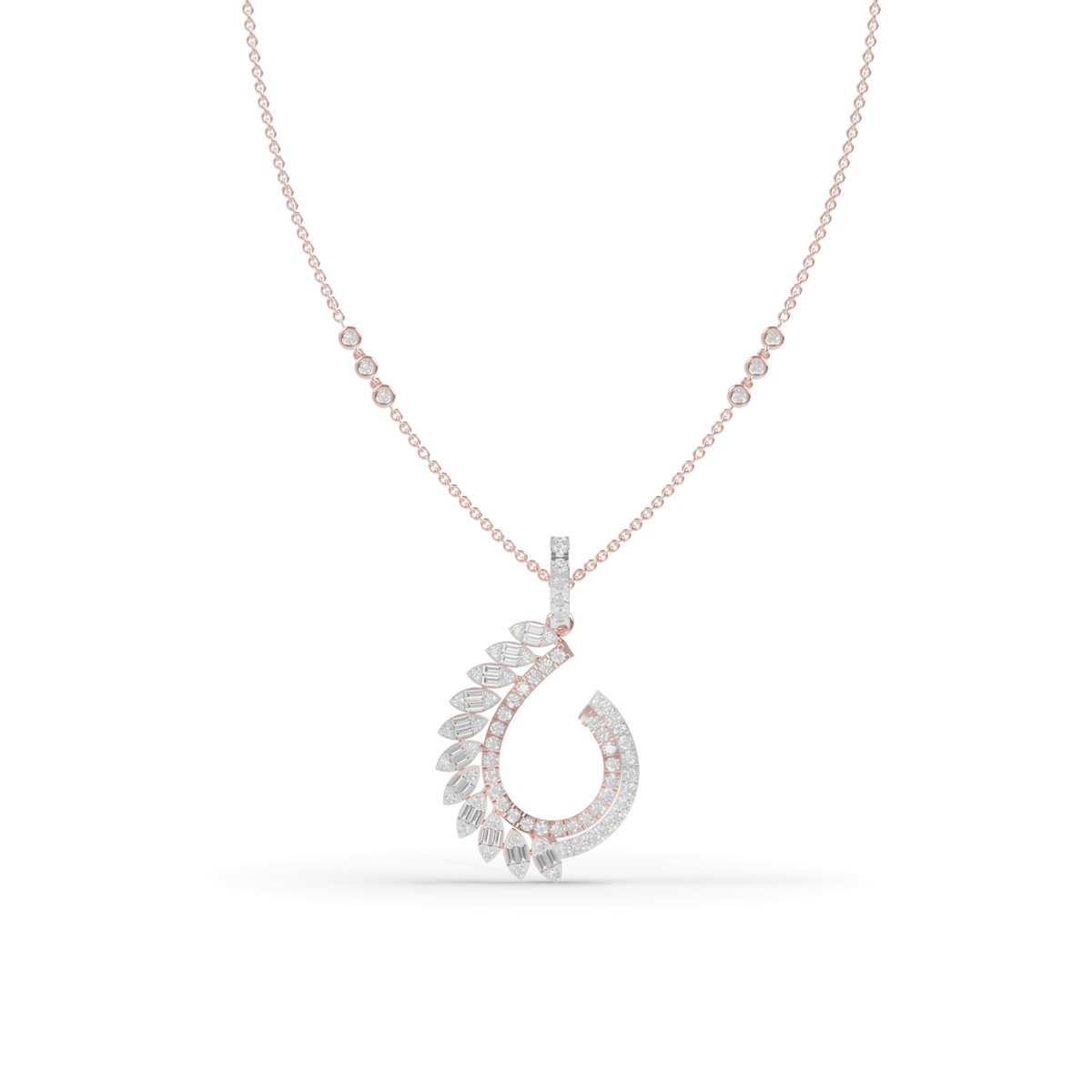 Guru Jewel's Baguette and Pavé Accents with  Chic Leaf-Pattern Pendant for Her