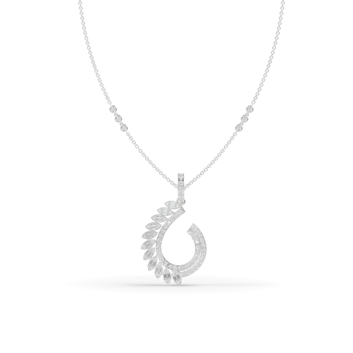 Guru Jewel's Baguette and Pavé Accents with  Chic Leaf-Pattern Pendant for Her