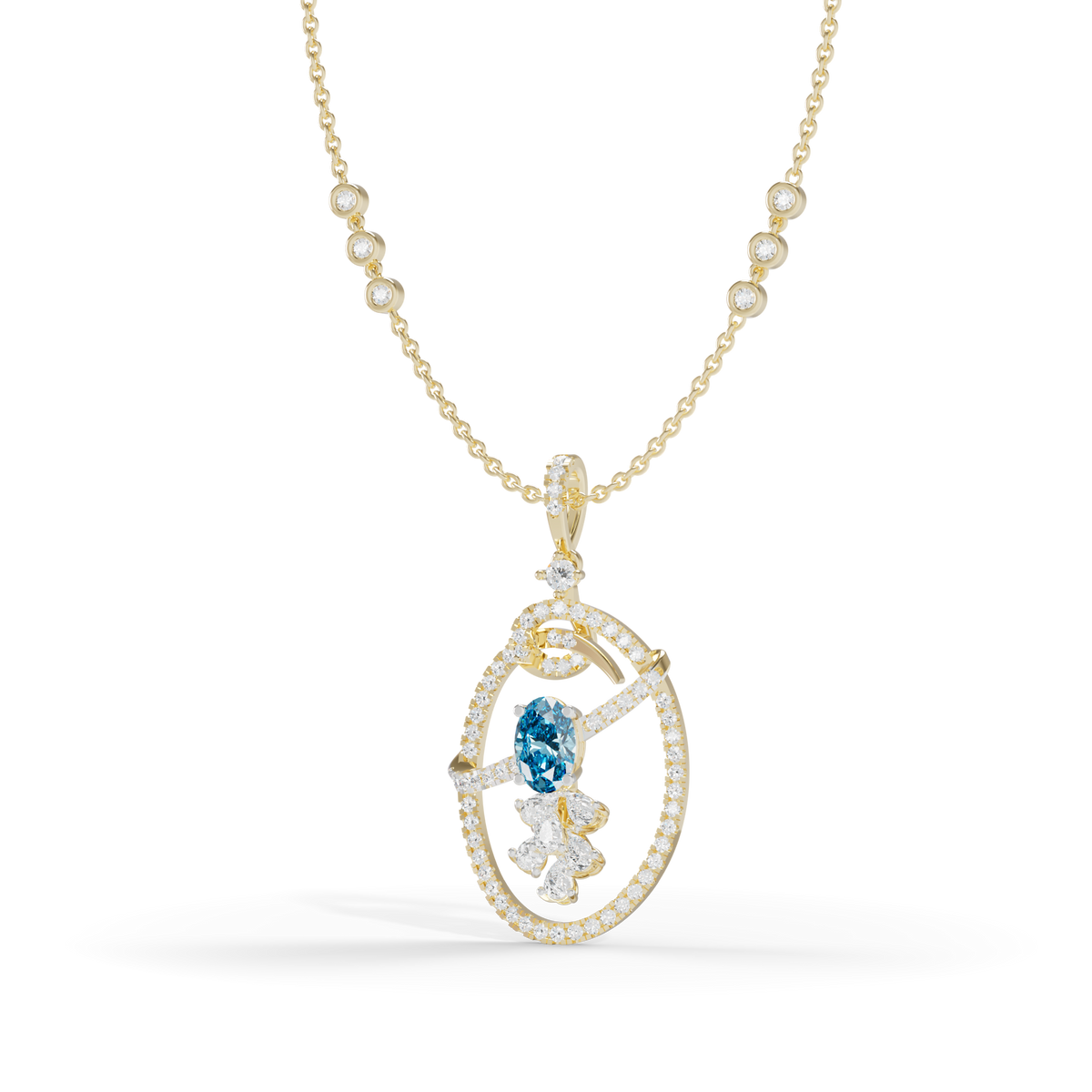 Guru Jewel's Blue Oval Stone Diamond Frame Pendant for Her
