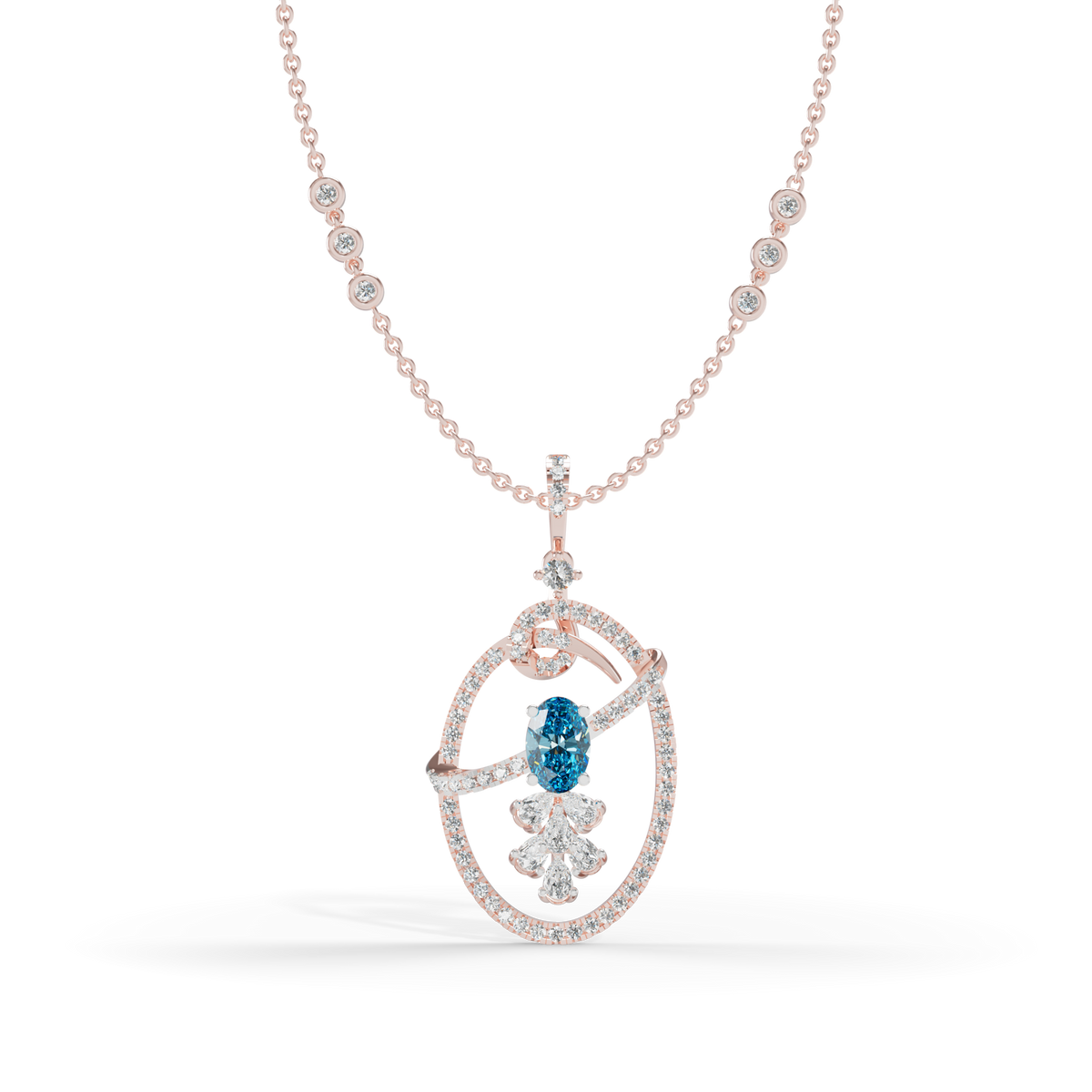 Guru Jewel's Blue Oval Stone Diamond Frame Pendant for Her