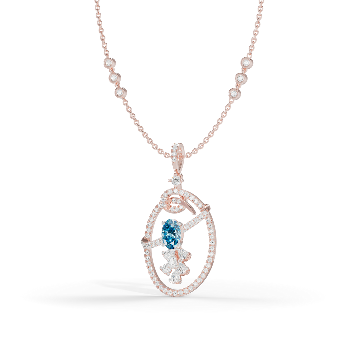 Guru Jewel's Blue Oval Stone Diamond Frame Pendant for Her
