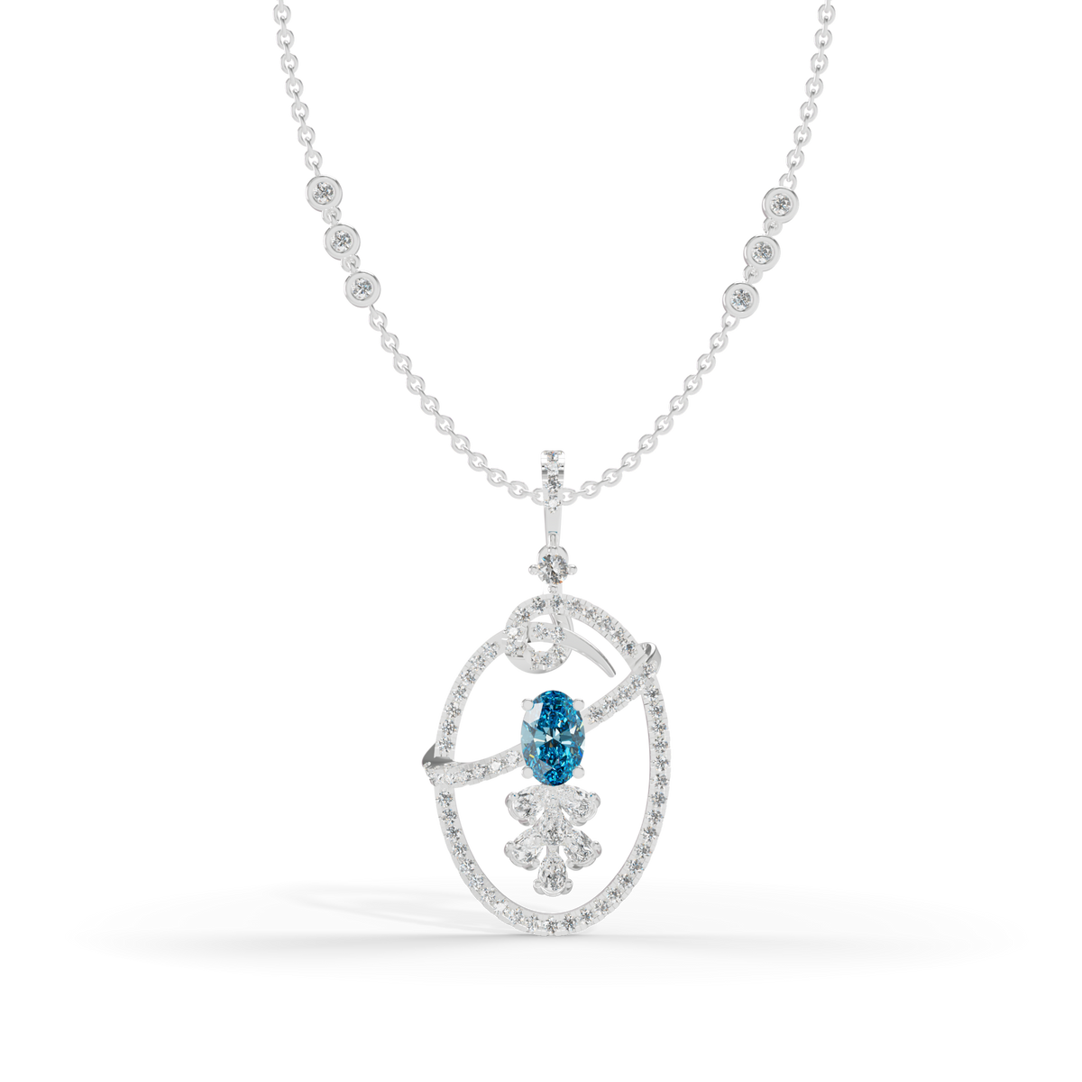 Guru Jewel's Blue Oval Stone Diamond Frame Pendant for Her
