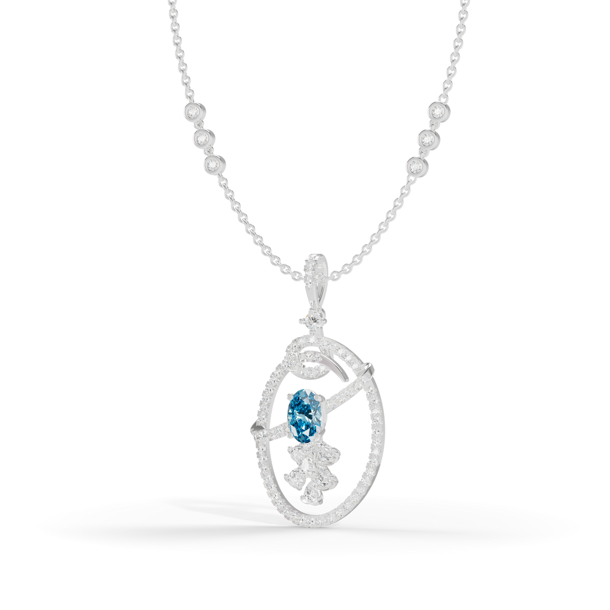 Guru Jewel's Blue Oval Stone Diamond Frame Pendant for Her