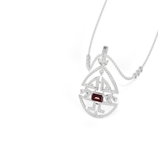 Guru Jewel's Geometric Teardrop Pendant Featuring a Soft Pinkish-Red Center Stone for Her