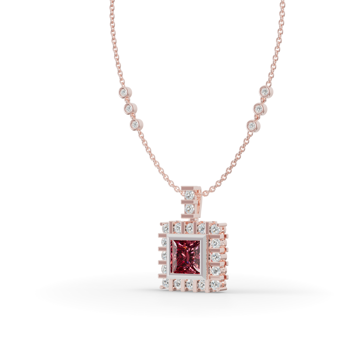 Guru Jewel's Clean-Line Square Pendant Highlighted by a Deep Pinkish-Red Gem for Her