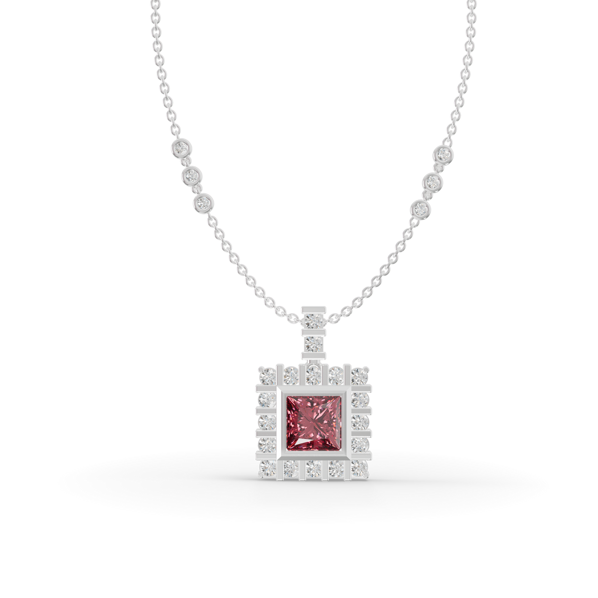 Guru Jewel's Clean-Line Square Pendant Highlighted by a Deep Pinkish-Red Gem for Her