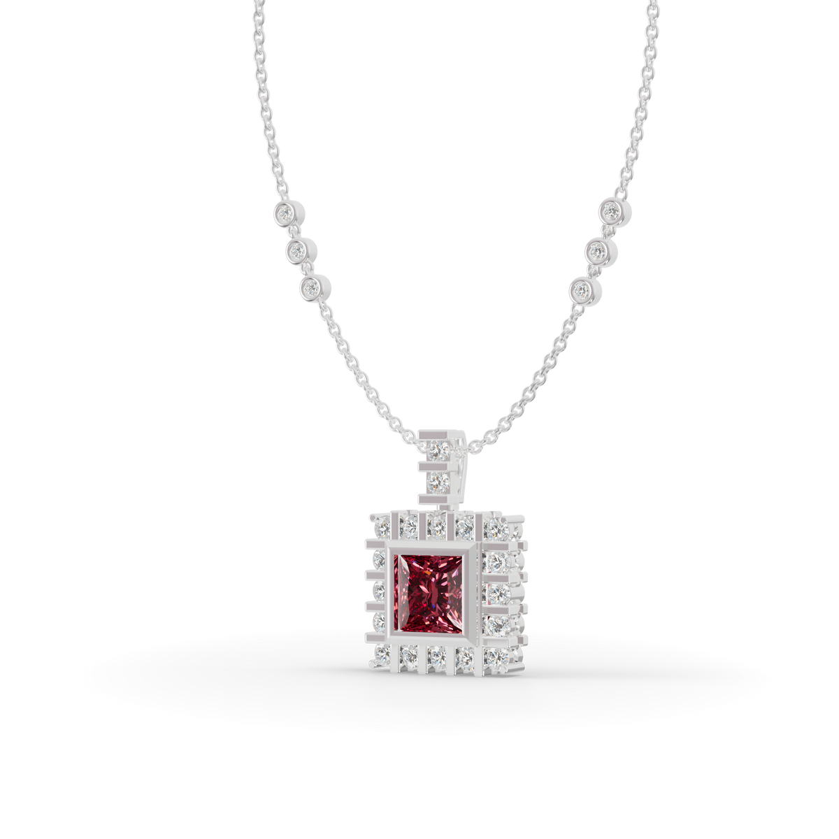 Guru Jewel's Clean-Line Square Pendant Highlighted by a Deep Pinkish-Red Gem for Her