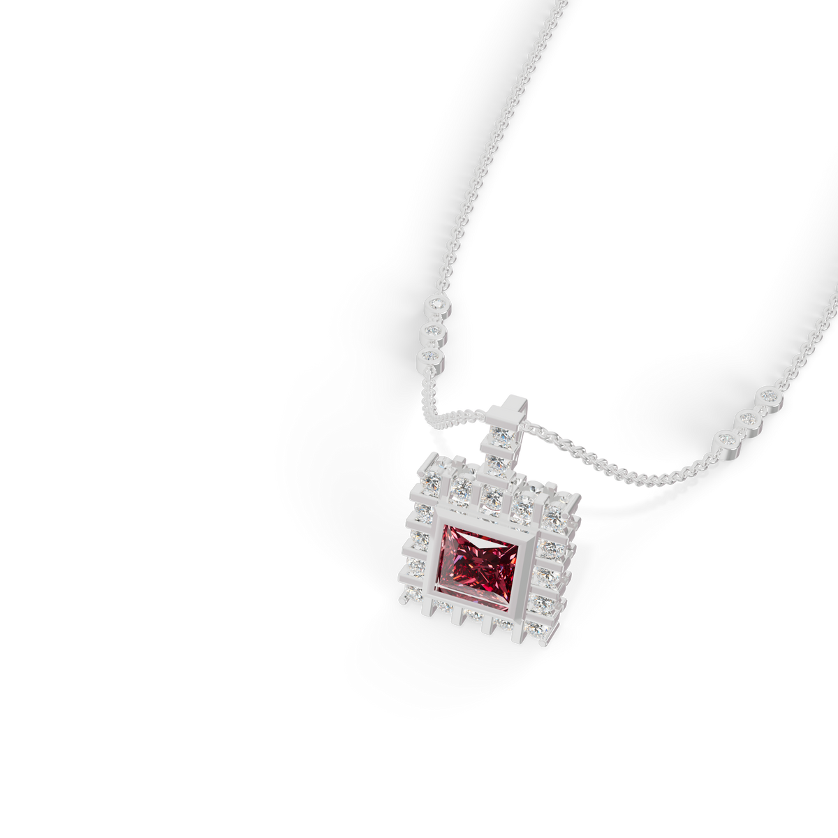 Guru Jewel's Clean-Line Square Pendant Highlighted by a Deep Pinkish-Red Gem for Her