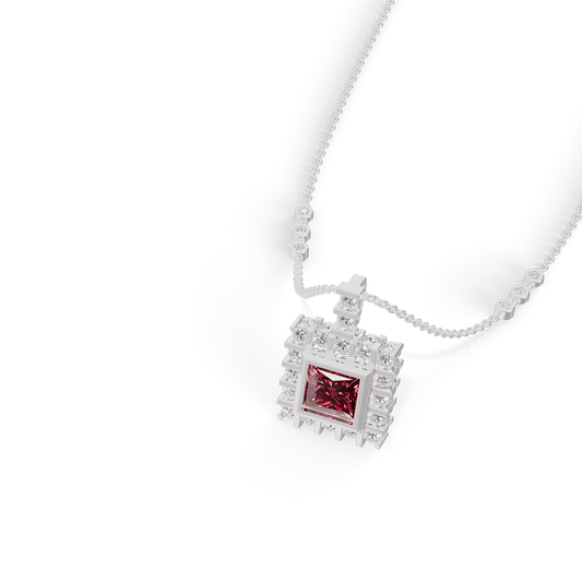 Guru Jewel's Clean-Line Square Pendant Highlighted by a Deep Pinkish-Red Gem for Her