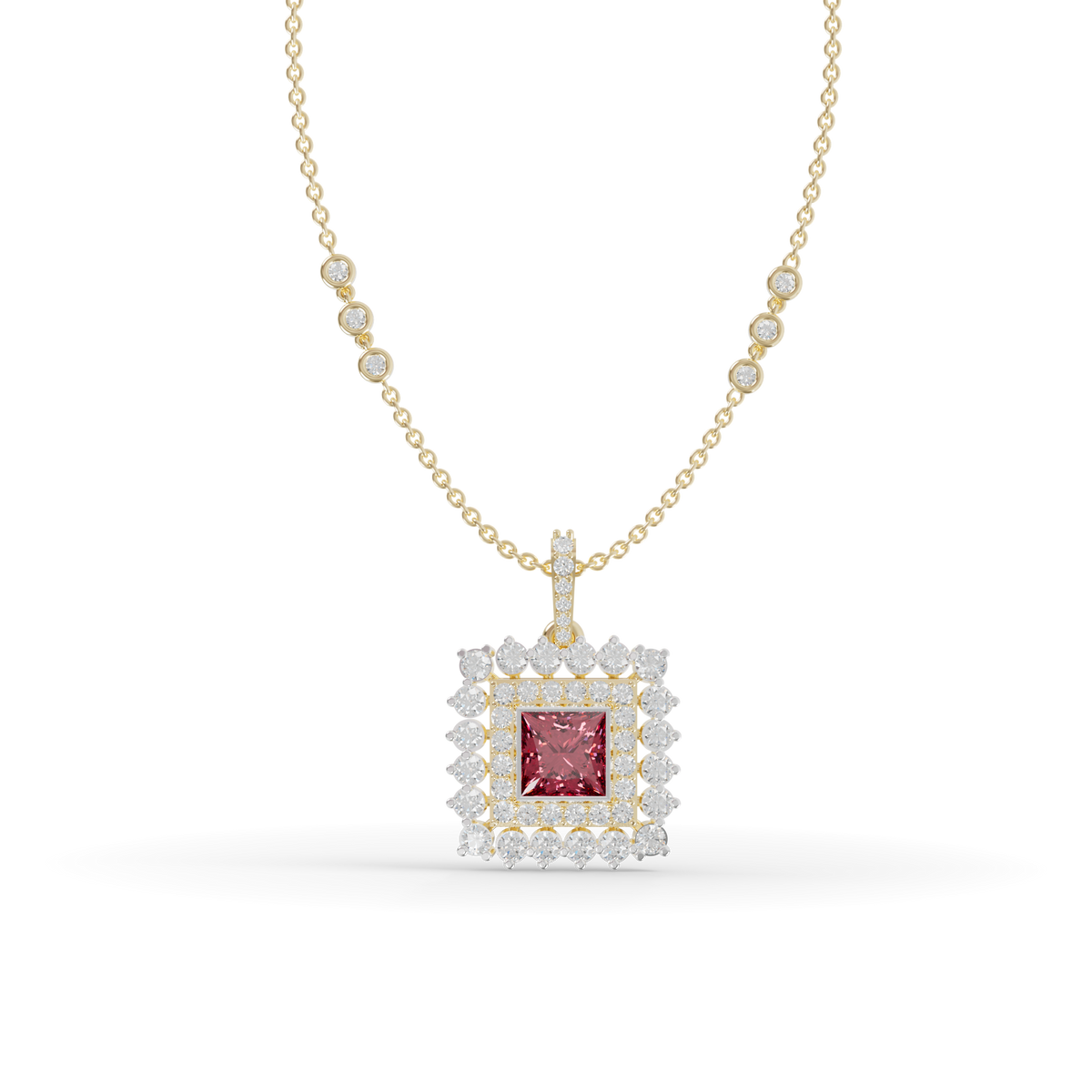 Guru Jewel's Elegant White Stone Border with Pink Square Stone Diamond Pendant for Her