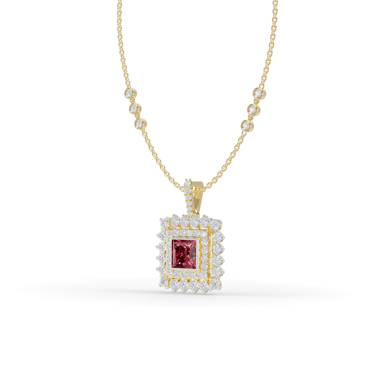 Guru Jewel's Elegant White Stone Border with Pink Square Stone Diamond Pendant for Her