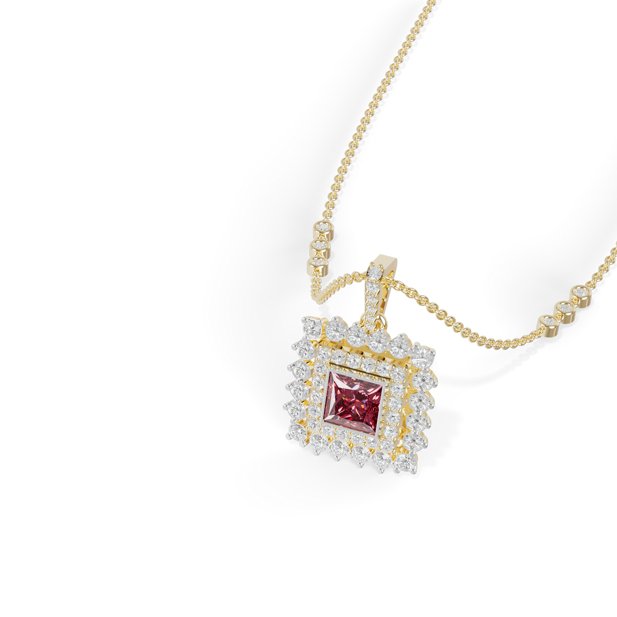 Guru Jewel's Elegant White Stone Border with Pink Square Stone Diamond Pendant for Her