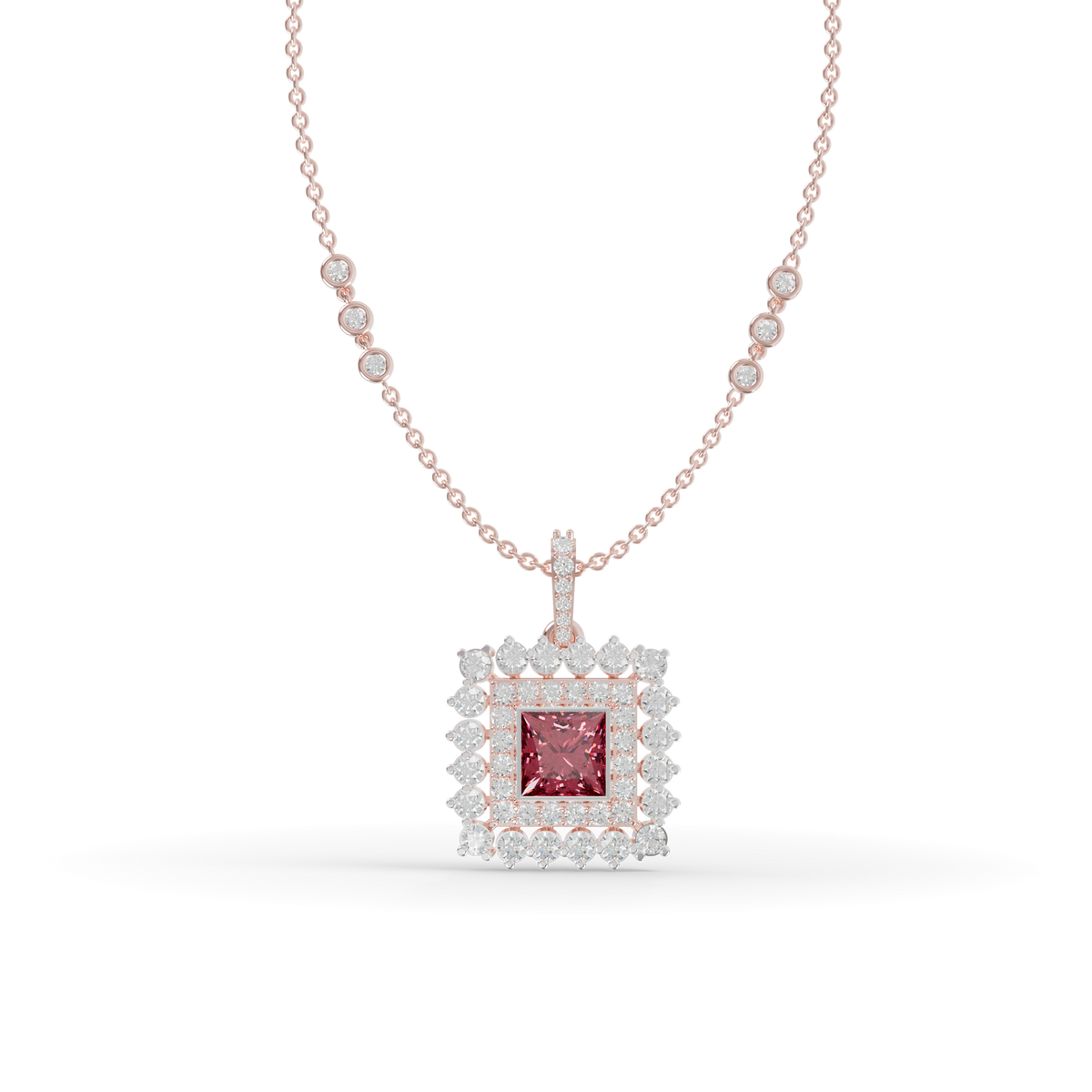 Guru Jewel's Elegant White Stone Border with Pink Square Stone Diamond Pendant for Her