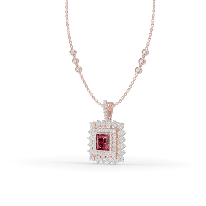 Guru Jewel's Elegant White Stone Border with Pink Square Stone Diamond Pendant for Her