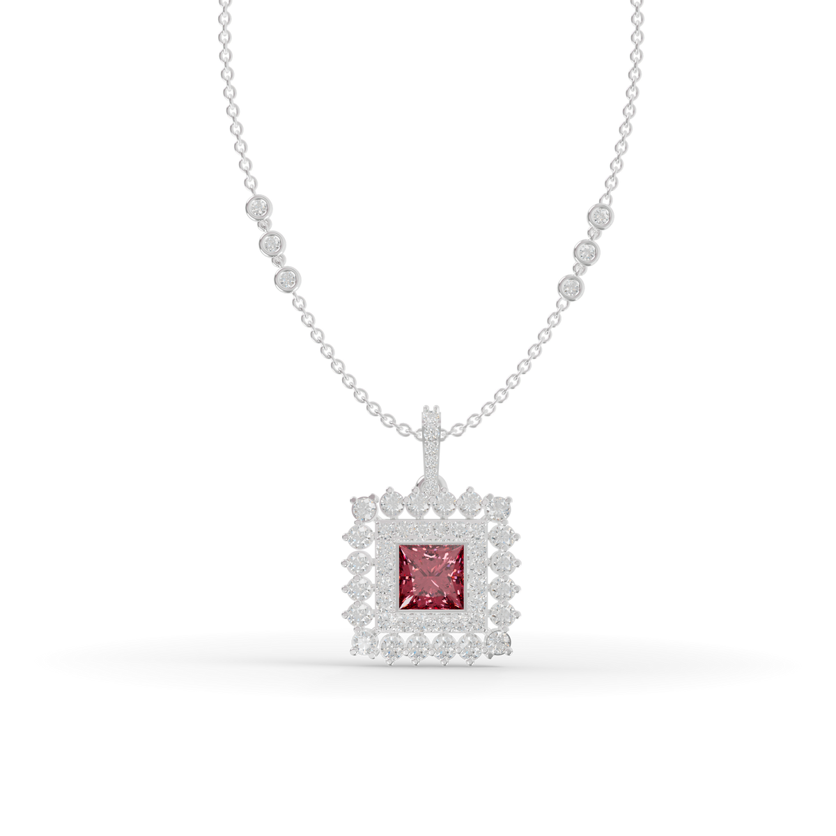 Guru Jewel's Elegant White Stone Border with Pink Square Stone Diamond Pendant for Her
