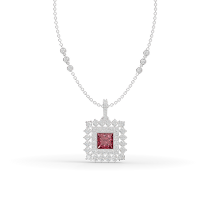 Guru Jewel's Elegant White Stone Border with Pink Square Stone Diamond Pendant for Her